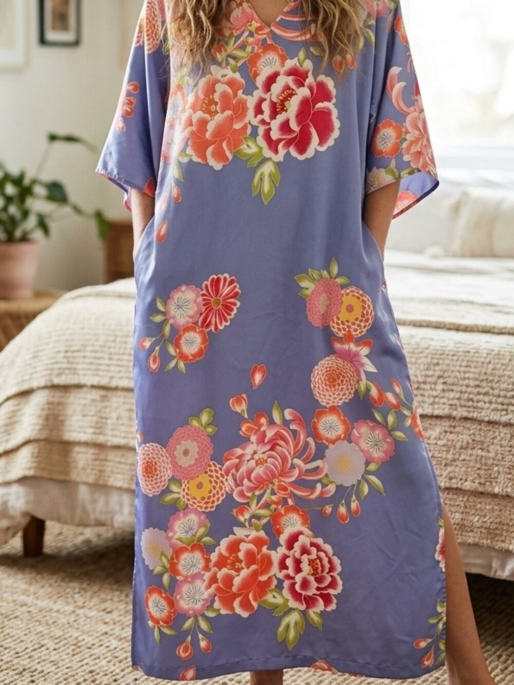 Natori Satin Floral Caftan Lounger Kimono Chinoiserie Boho Boudoir Maximalist
